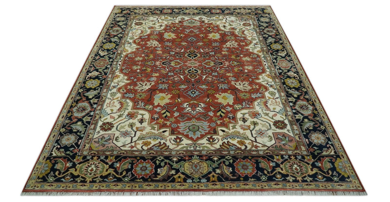 Traditional Floral Rust, Ivory and Blue Fine Hand Knotted 9x12 wool area rug - The Rug Decor