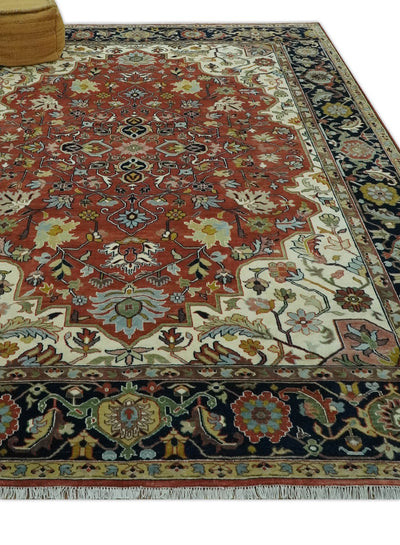 Traditional Floral Rust, Ivory and Blue Fine Hand Knotted 9x12 wool area rug - The Rug Decor