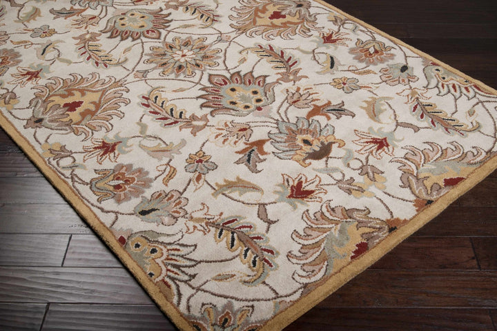 Traditional Floral Tan And Off White Hand Tufted Wool Area Rug - The Rug Decor