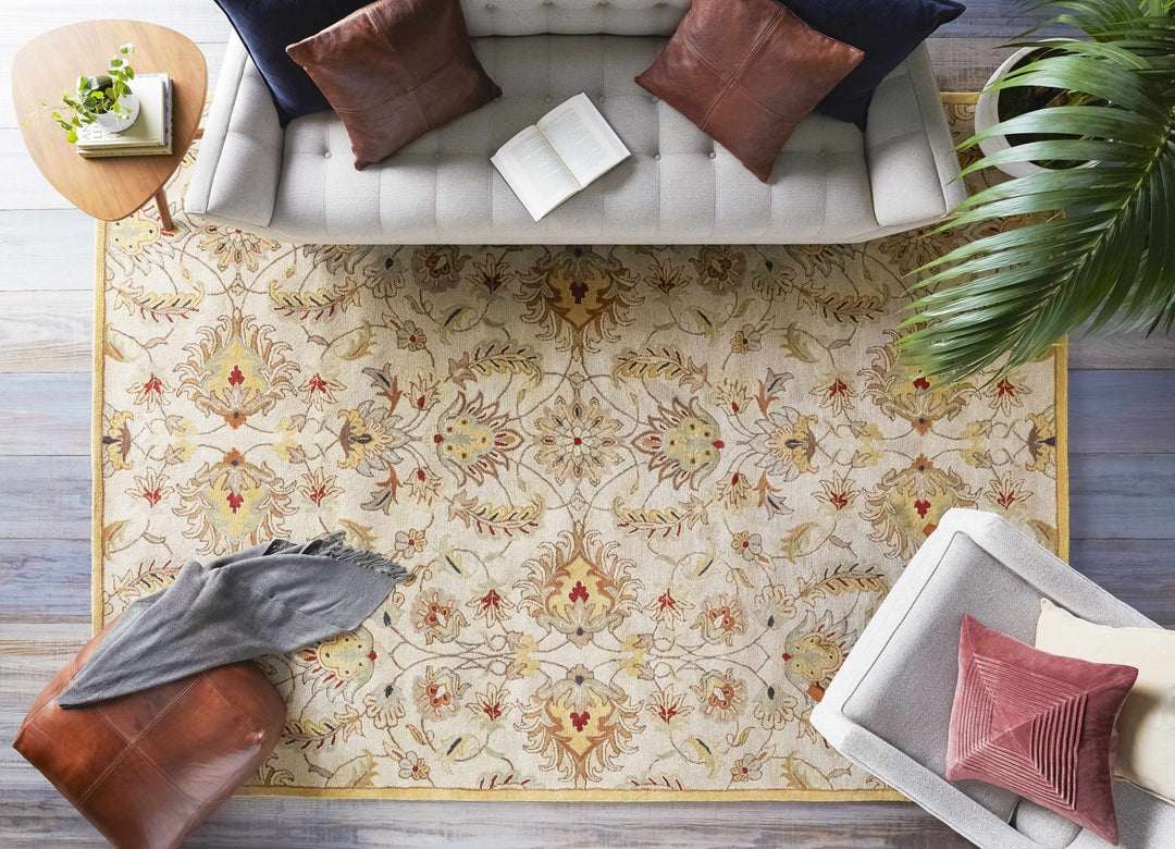 Traditional Floral Tan And Off White Hand Tufted Wool Area Rug - The Rug Decor