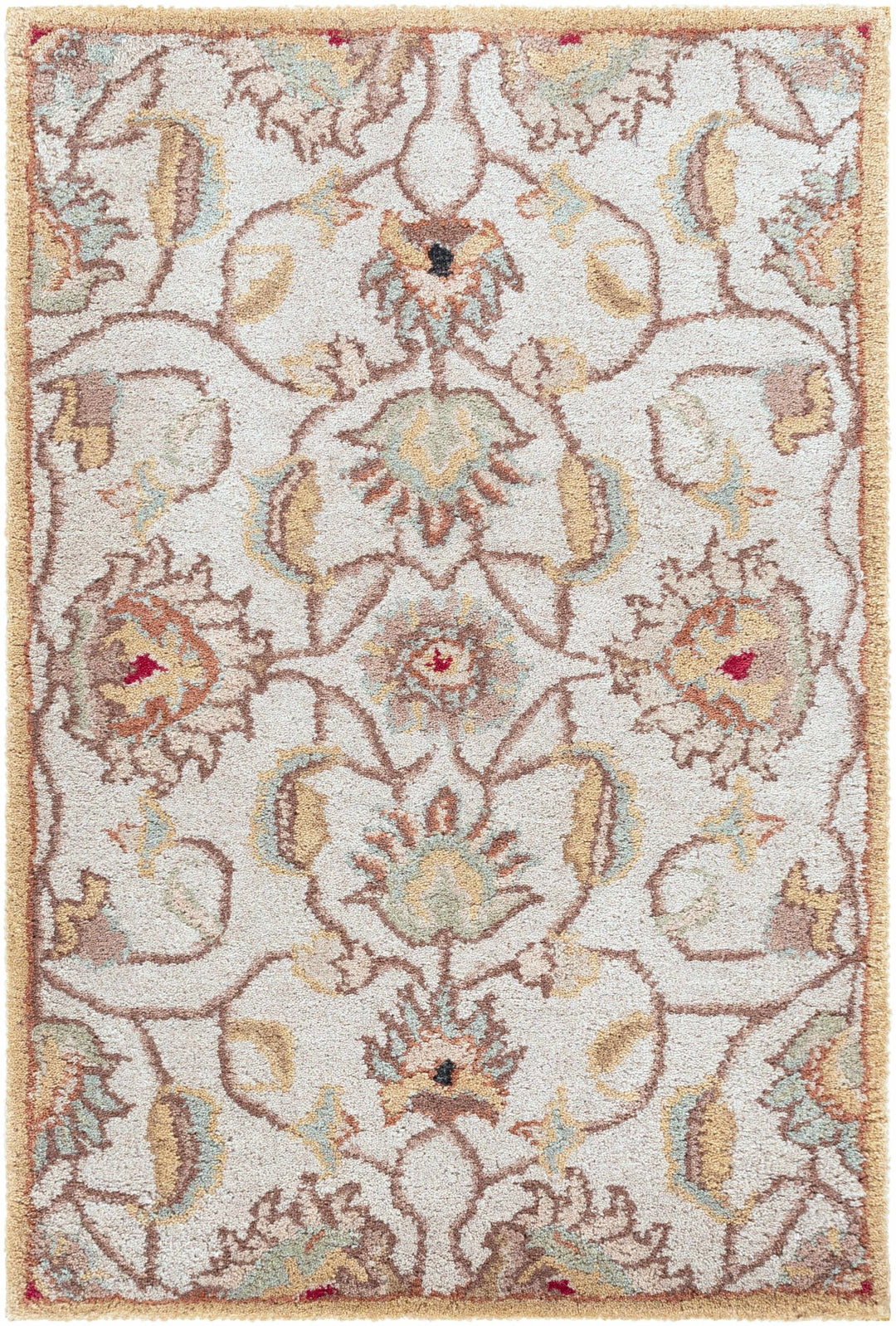 Traditional Floral Tan And Off White Hand Tufted Wool Area Rug - The Rug Decor