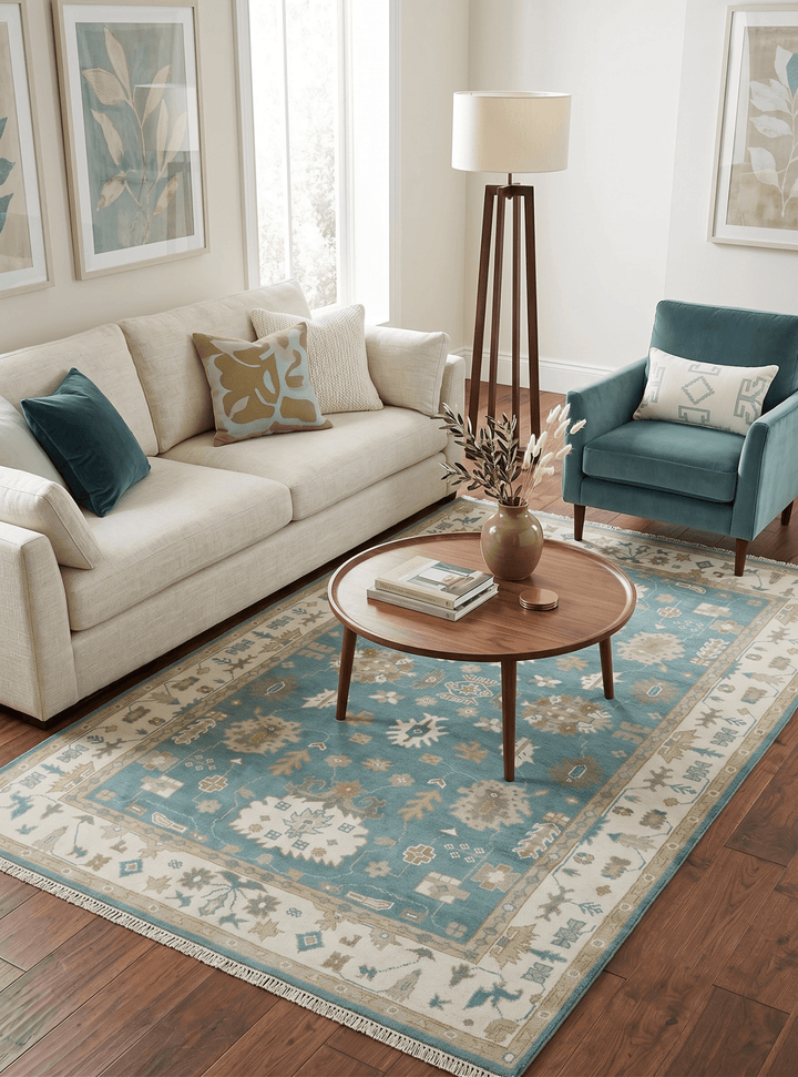 Traditional Floral Teal, Ivory and Beige Oriental Hand Knotted Multi Size wool rug - The Rug Decor