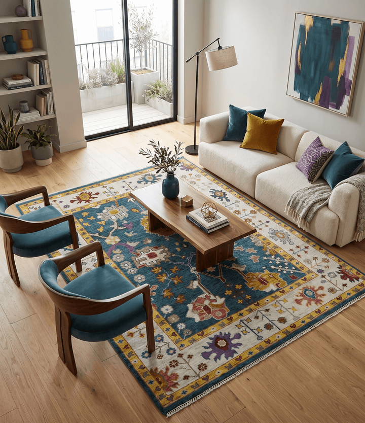 Traditional Floral Teal, Ivory and Mustard Hand Knotted Oriental Oushak wool Area Rug - The Rug Decor