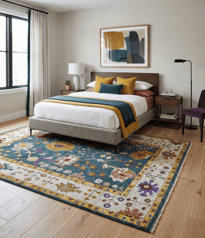 Traditional Floral Teal, Ivory and Mustard Hand Knotted Oriental Oushak wool Area Rug - The Rug Decor