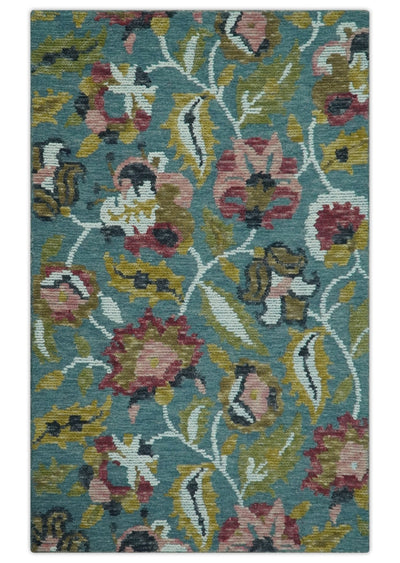 Traditional Floral Teal, Olive and Purple 5x7.6 Hand Tufted wool area rug - The Rug Decor