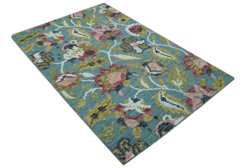 Traditional Floral Teal, Olive and Purple 5x7.6 Hand Tufted wool area rug - The Rug Decor