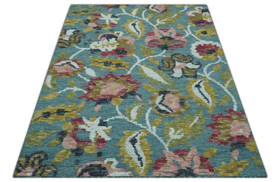 Traditional Floral Teal, Olive and Purple 5x7.6 Hand Tufted wool area rug - The Rug Decor