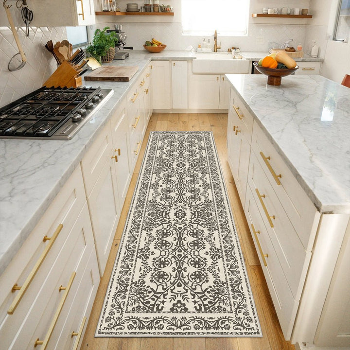 Traditional Flowers and Leaf's Beige Machine Washable Cotton Rug - The Rug Decor