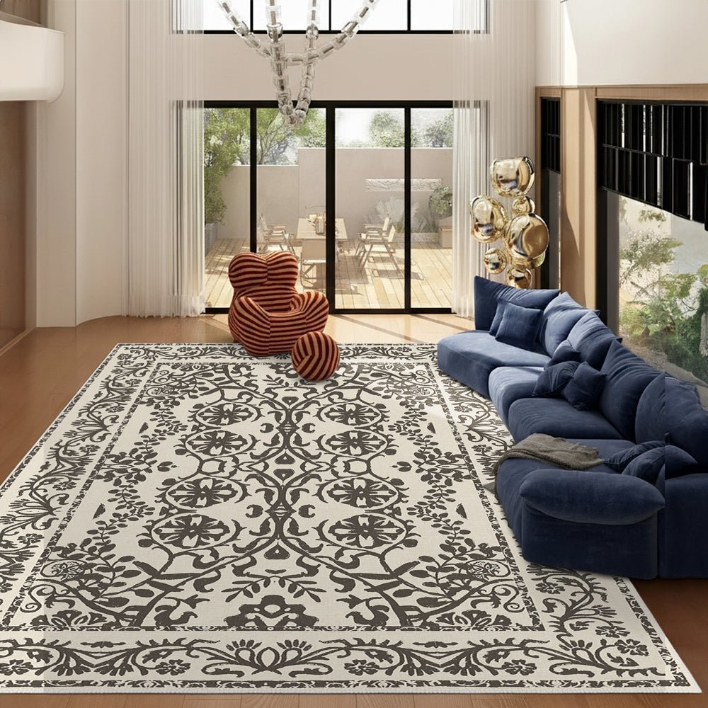 Traditional Flowers and Leaf's Beige Machine Washable Cotton Rug - The Rug Decor