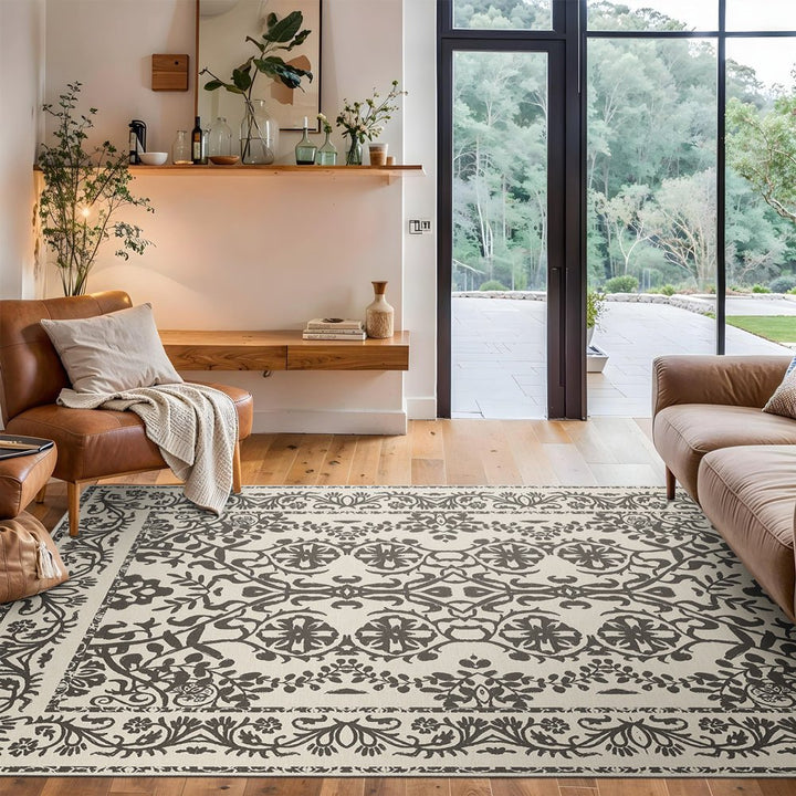 Traditional Flowers and Leaf's Beige Machine Washable Cotton Rug - The Rug Decor