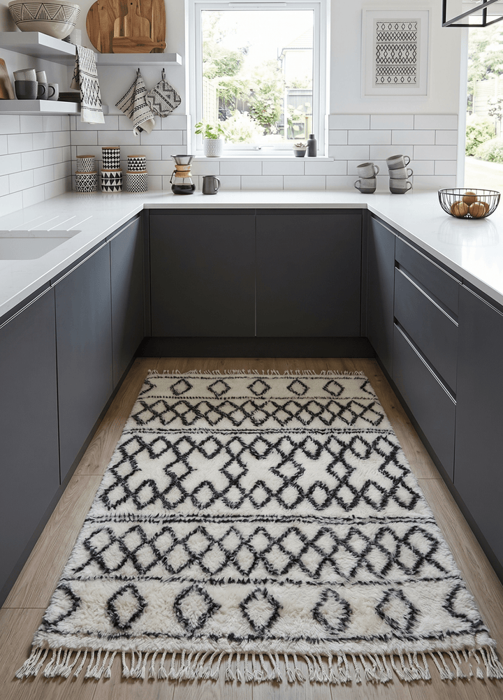Traditional Hand Made Moroccan Design Black And White Wool 4x6 Area Rug - The Rug Decor