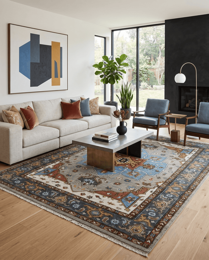 Traditional Heriz Blue, silver, Charcoal and Ivory Hand Knotted wool Area Rug - The Rug Decor