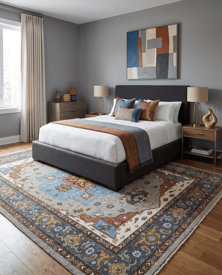 Traditional Heriz Blue, silver, Charcoal and Ivory Hand Knotted wool Area Rug - The Rug Decor