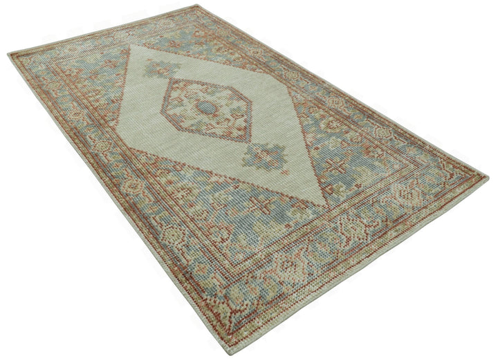 Traditional Heriz Design Beige And Blue Hand Knotted 3x5 Wool Area Rug - The Rug Decor