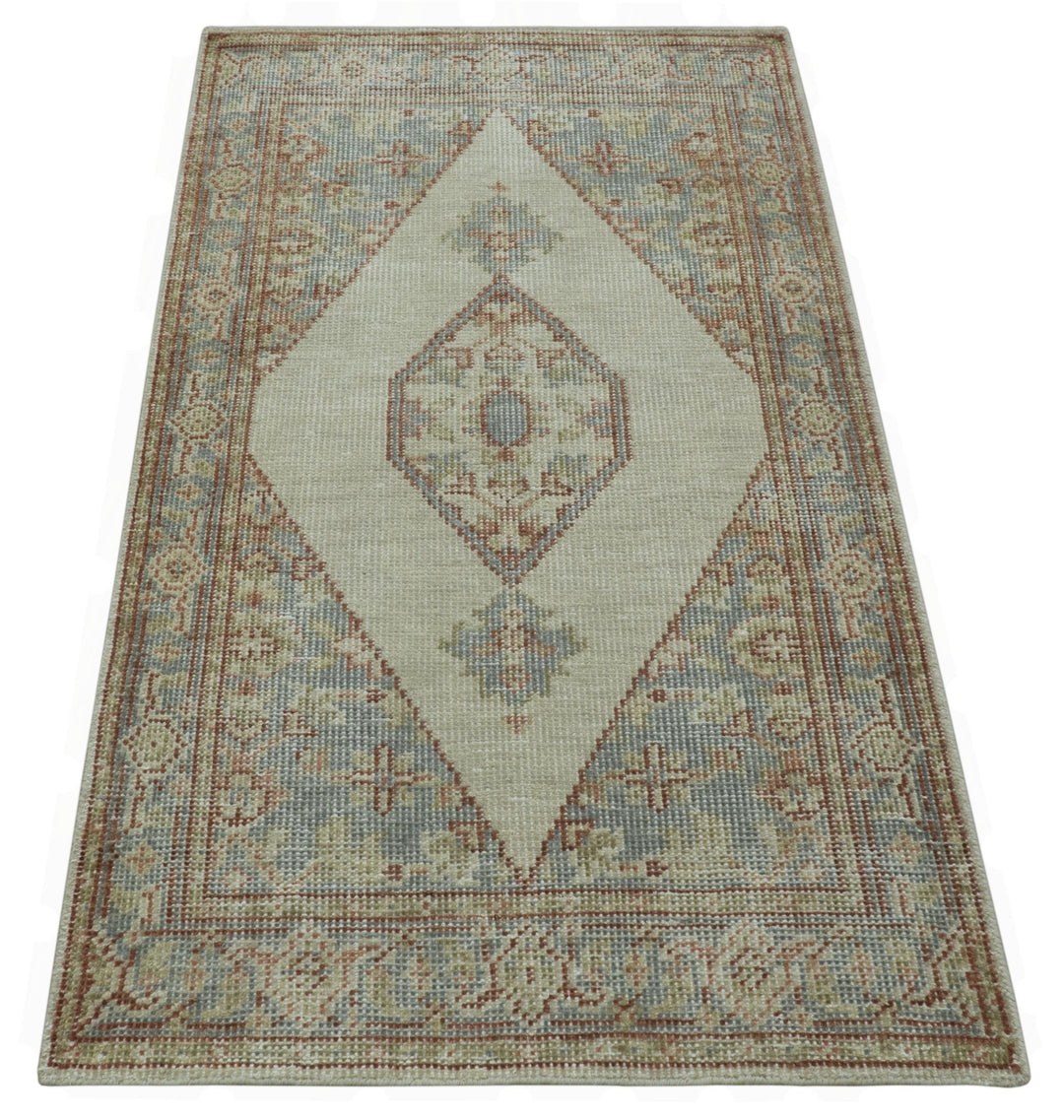 Traditional Heriz Design Beige And Blue Hand Knotted 3x5 Wool Area Rug - The Rug Decor