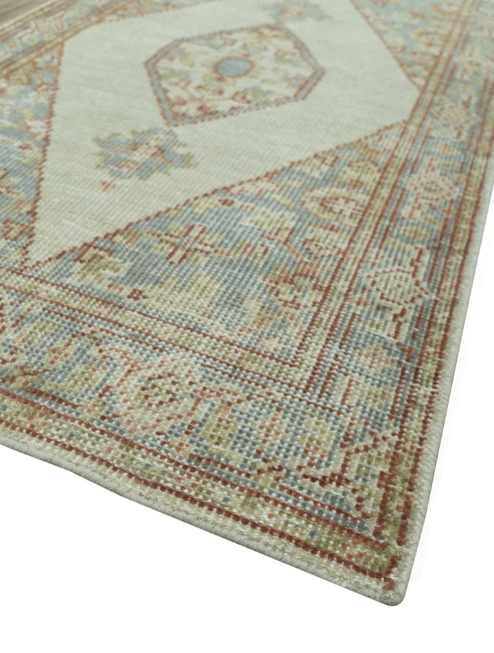 Traditional Heriz Design Beige And Blue Hand Knotted 3x5 Wool Area Rug - The Rug Decor