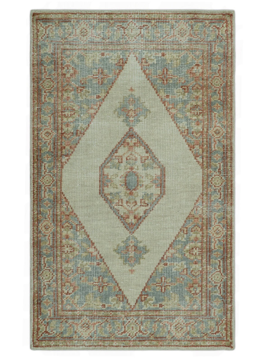 Traditional Heriz Design Beige And Blue Hand Knotted 3x5 Wool Area Rug - The Rug Decor