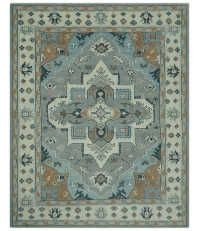 Traditional Heriz Gray and Ivory 7x9 and 8x10 Floral Hand Knotted wool Area Rug - The Rug Decor