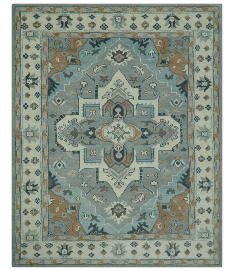 Traditional Heriz Gray and Ivory 7x9 and 8x10 Floral Hand Knotted wool Area Rug - The Rug Decor