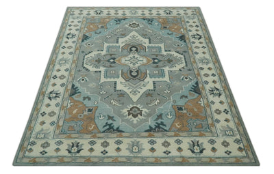 Traditional Heriz Gray and Ivory 7x9 and 8x10 Floral Hand Knotted wool Area Rug - The Rug Decor