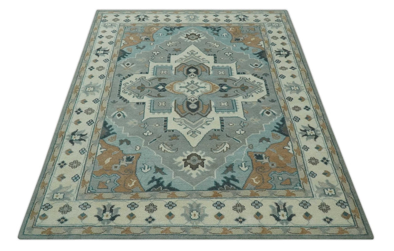 Traditional Heriz Gray and Ivory 7x9 and 8x10 Floral Hand Knotted wool Area Rug - The Rug Decor