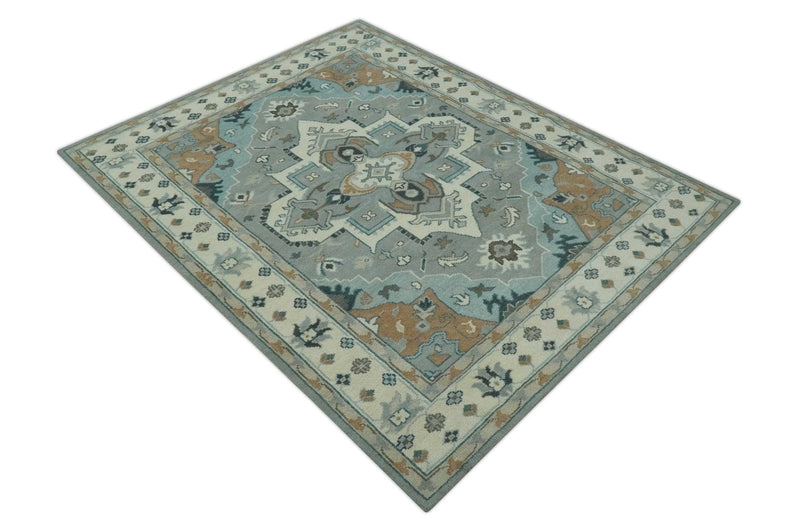 Traditional Heriz Gray and Ivory 7x9 and 8x10 Floral Hand Knotted wool Area Rug - The Rug Decor