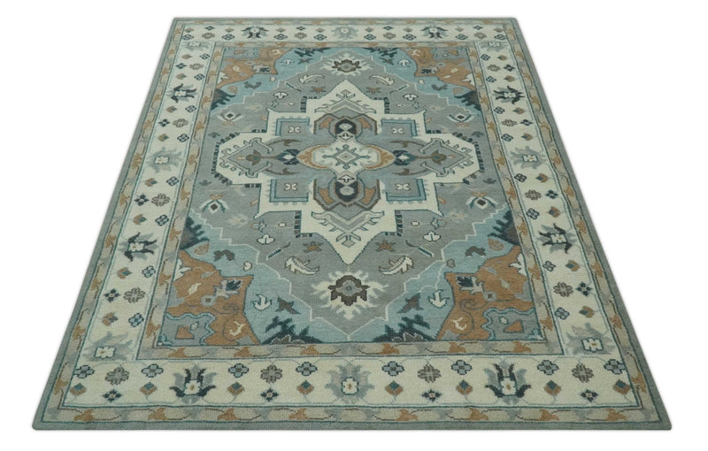 Traditional Heriz Gray and Ivory Floral Hand Knotted Custom Made wool Area Rug - The Rug Decor