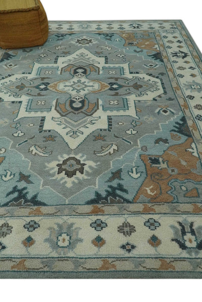 Traditional Heriz Gray and Ivory Floral Hand Knotted Custom Made wool Area Rug - The Rug Decor