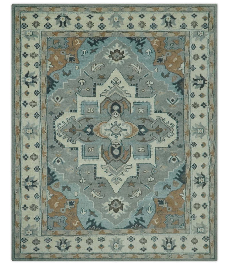 Traditional Heriz Gray and Ivory Floral Hand Knotted Custom Made wool Area Rug - The Rug Decor