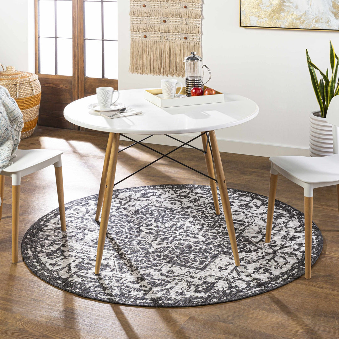 Traditional Heriz Medallion Design Charcoal and Silver Indoor and Outdoor Area Rug - The Rug Decor