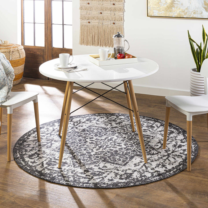 Traditional Heriz Medallion Design Charcoal and Silver Indoor and Outdoor Area Rug - The Rug Decor