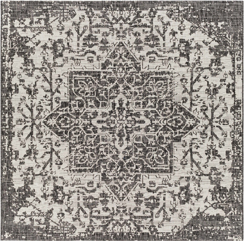 Traditional Heriz Medallion Design Charcoal and Silver Indoor and Outdoor Area Rug - The Rug Decor