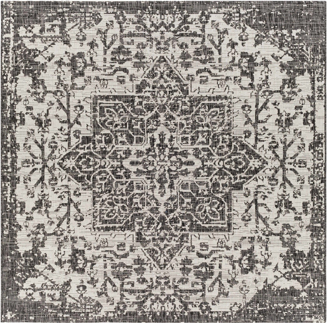 Traditional Heriz Medallion Design Charcoal and Silver Indoor and Outdoor Area Rug - The Rug Decor