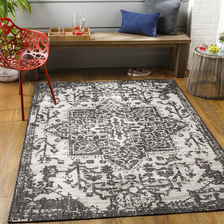 Traditional Heriz Medallion Design Charcoal and Silver Indoor and Outdoor Area Rug - The Rug Decor