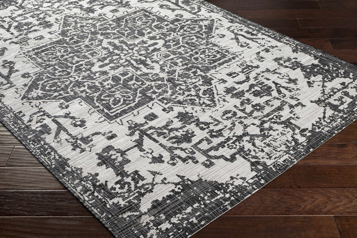 Traditional Heriz Medallion Design Charcoal and Silver Indoor and Outdoor Area Rug - The Rug Decor