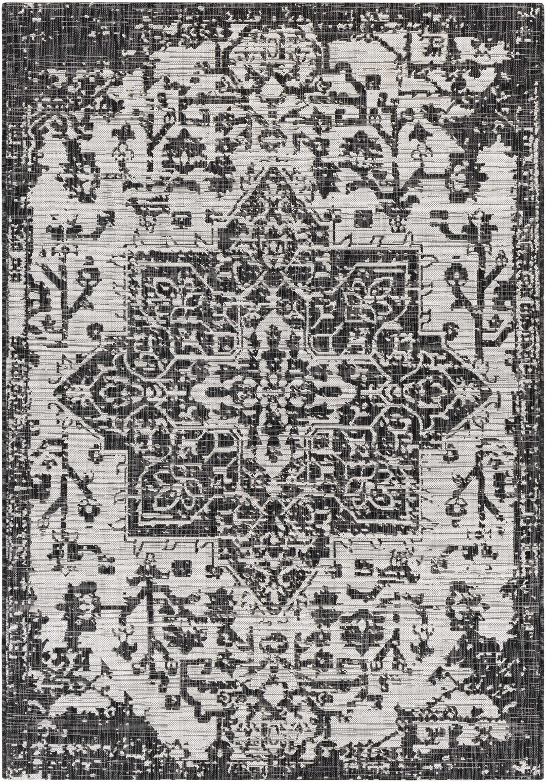 Traditional Heriz Medallion Design Charcoal and Silver Indoor and Outdoor Area Rug - The Rug Decor