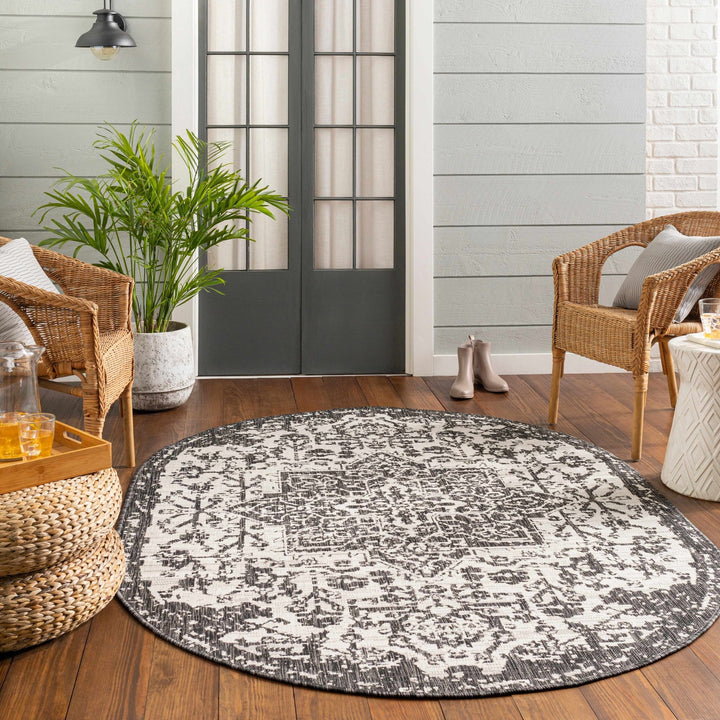 Traditional Heriz Medallion Design Charcoal and Silver Indoor and Outdoor Area Rug - The Rug Decor