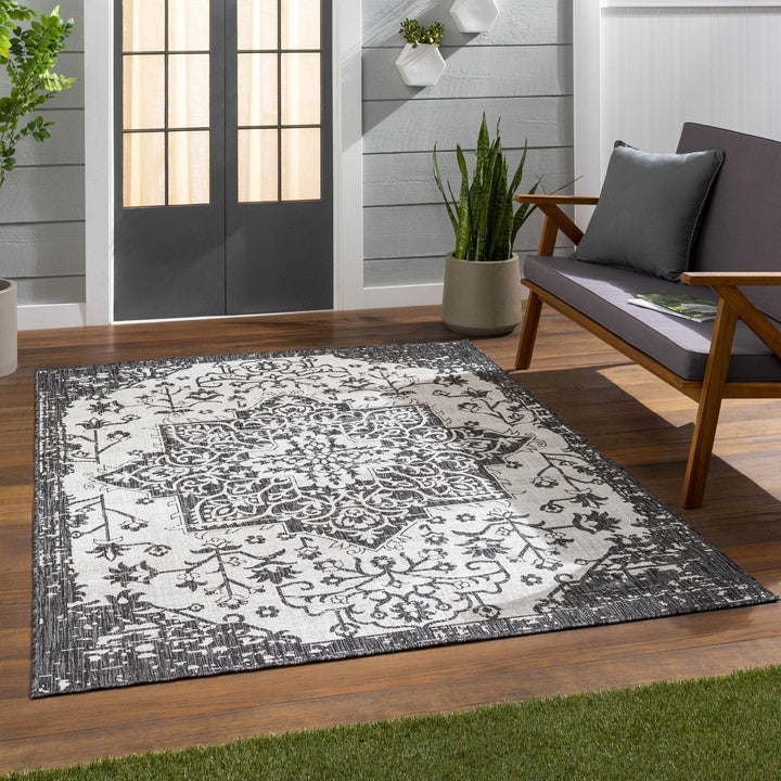 Traditional Heriz Medallion Design Charcoal and Silver Indoor and Outdoor Area Rug - The Rug Decor