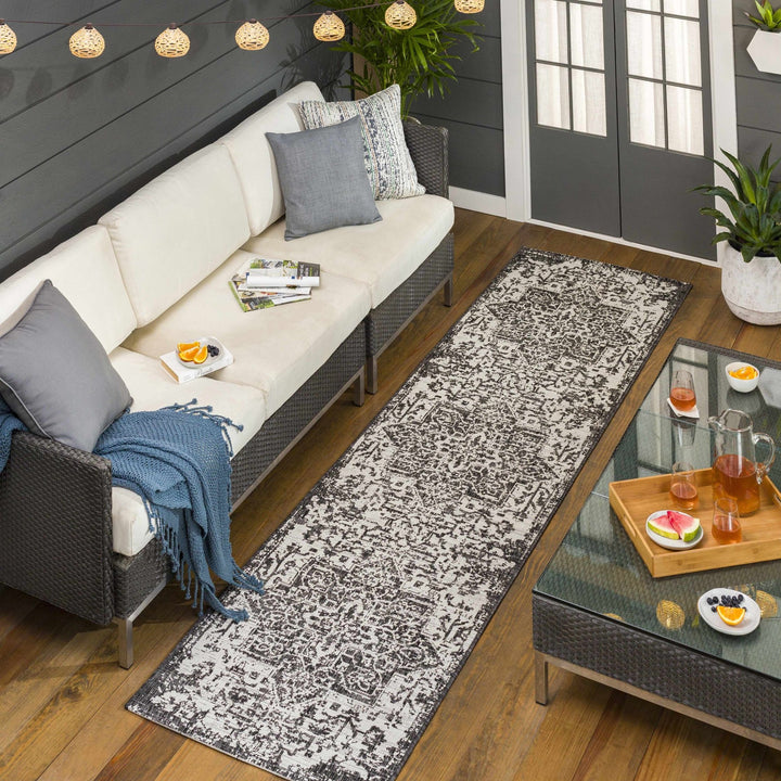 Traditional Heriz Medallion Design Charcoal and Silver Indoor and Outdoor Area Rug - The Rug Decor