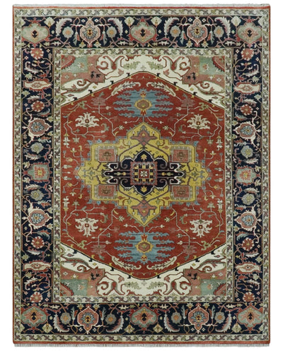 Traditional Heriz Rust and Blue Fine Hand Knotted 9x12 wool area rug - The Rug Decor