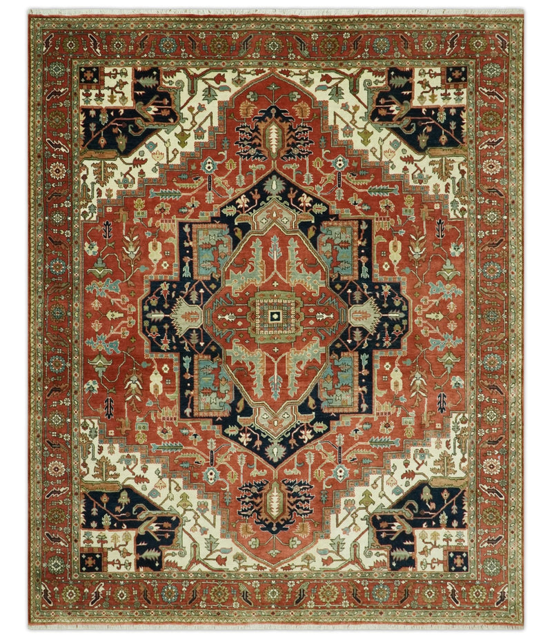 Traditional Heriz Rust, Ivory and Blue 8x10 fine Hand Knotted wool area rug - The Rug Decor