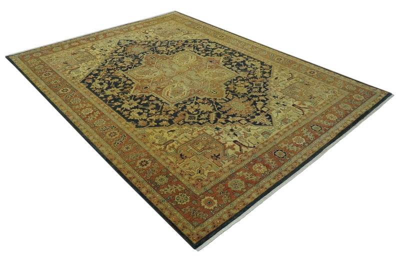 Traditional Heriz Vintage Style Fine Hand Knotted Gold, Blue and Rust Wool area Rug - The Rug Decor