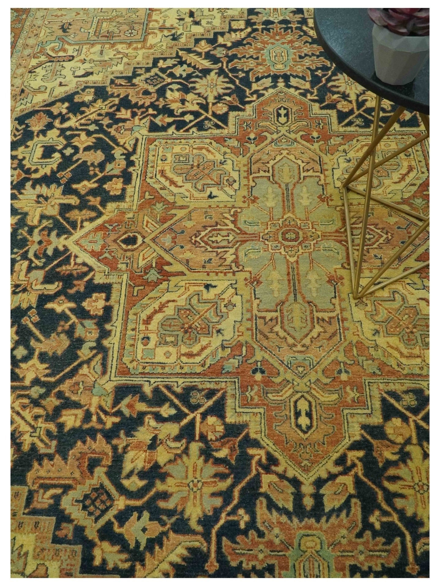 Traditional Heriz Vintage Style Fine Hand Knotted Gold, Blue and Rust Wool area Rug - The Rug Decor