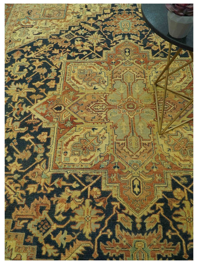 Traditional Heriz Vintage Style Fine Hand Knotted Gold, Blue and Rust Wool area Rug - The Rug Decor