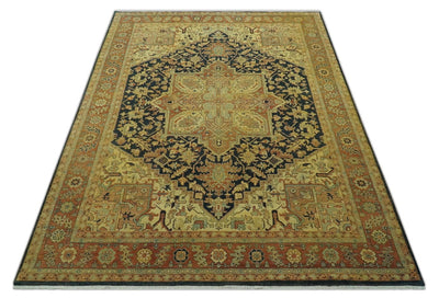 Traditional Heriz Vintage Style Fine Hand Knotted Gold, Blue and Rust Wool area Rug - The Rug Decor