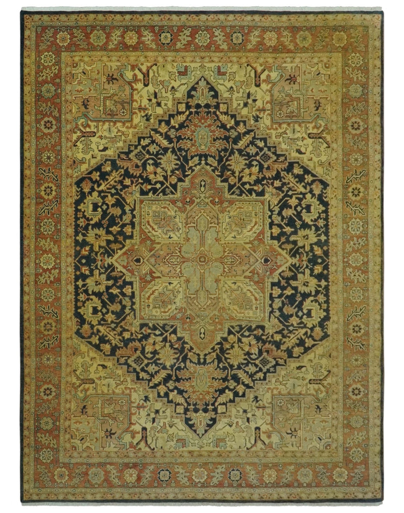 Traditional Heriz Vintage Style Fine Hand Knotted Gold, Blue and Rust Wool area Rug - The Rug Decor