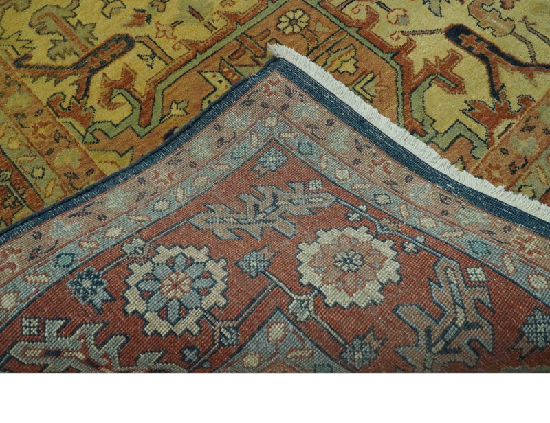 Traditional Heriz Vintage Style Fine Hand Knotted Gold, Blue and Rust Wool area Rug - The Rug Decor