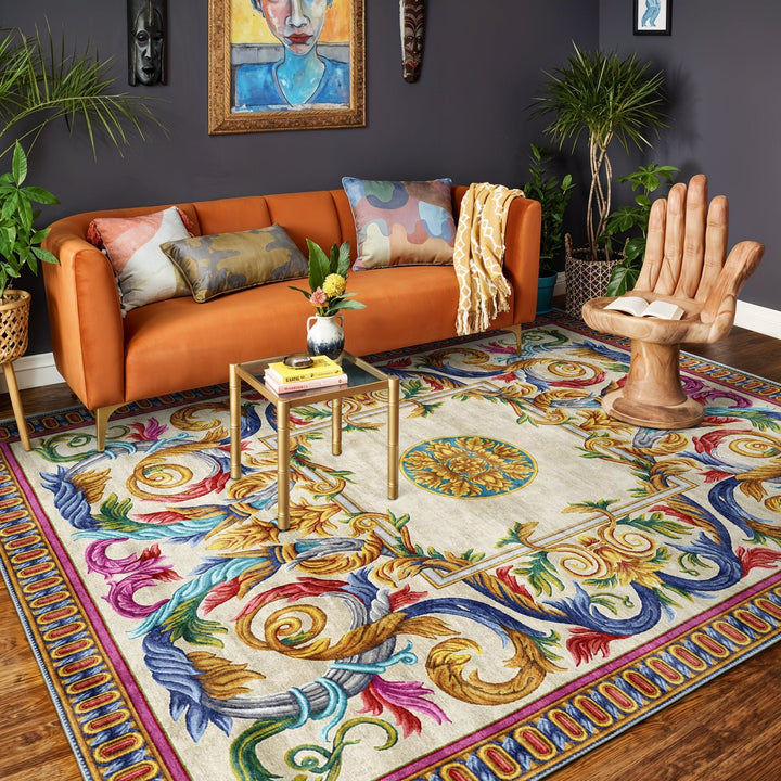 Traditional Homera Yellow Machine Washable Cotton Area Rug - The Rug Decor