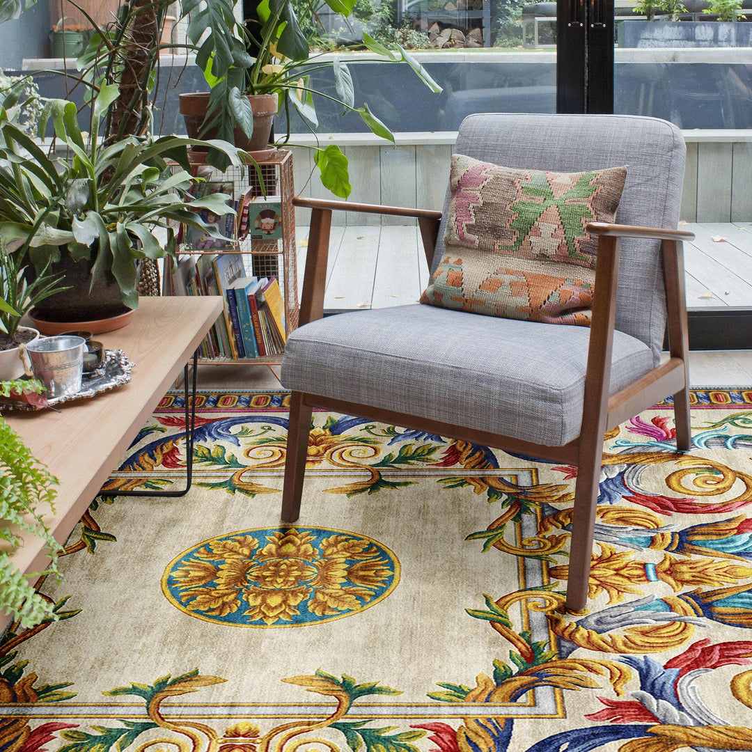 Traditional Homera Yellow Machine Washable Cotton Area Rug - The Rug Decor