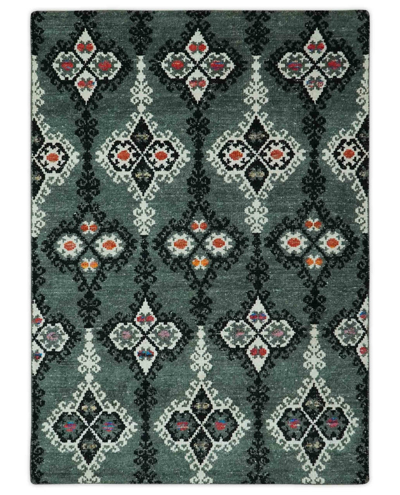 Traditional Ikat Design 5x7.6 Green, Black and Ivory Hand Knotted wool area rug - The Rug Decor